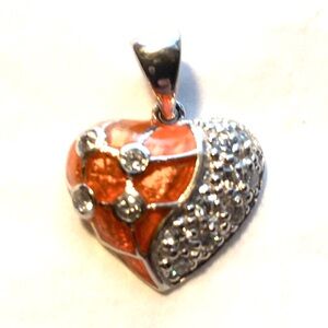 1895 Vintage Silver Orange Enameled Heart Pendant W 14 Rhinestone Stones 11/16”